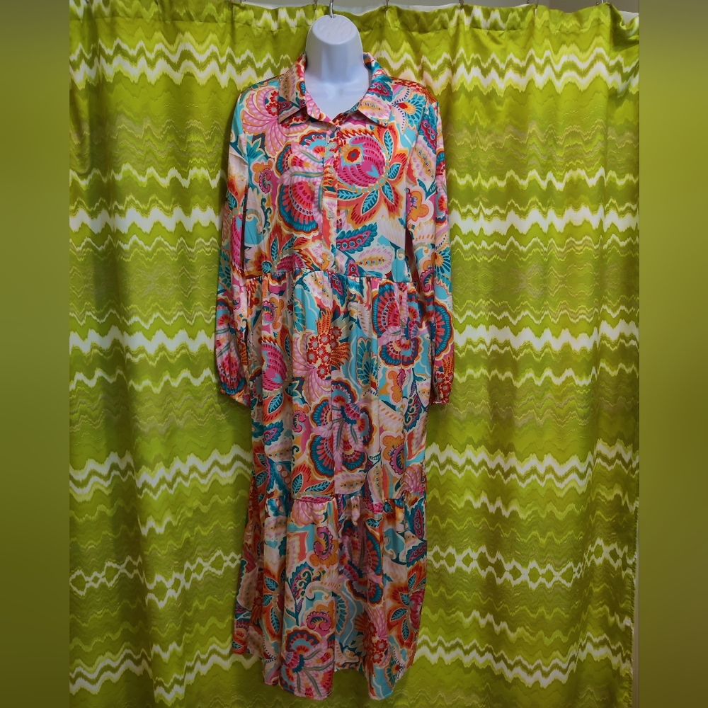 Bright Paisley Floral Tiered Long Sleeve Maxi Dress
